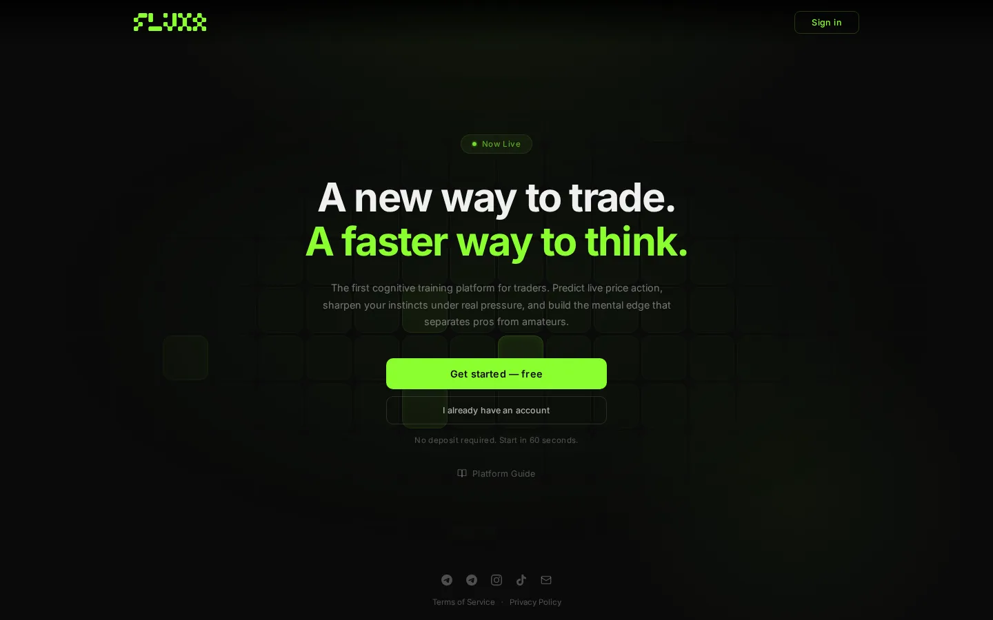 Fluxa landing page: 'A new way to trade. A faster way to think.' with sign-up and sign-in buttons.